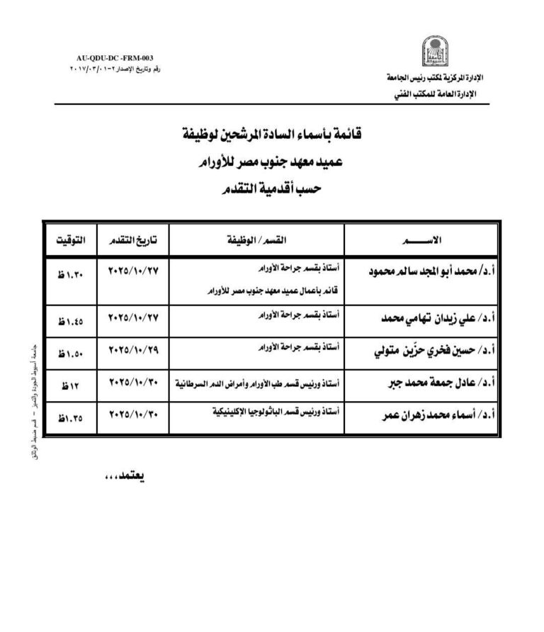 جامعة أسيوط تُعلن القائمة المبدئية للمرشحين لمنصب عميد معهد جنوب مصر للأورام