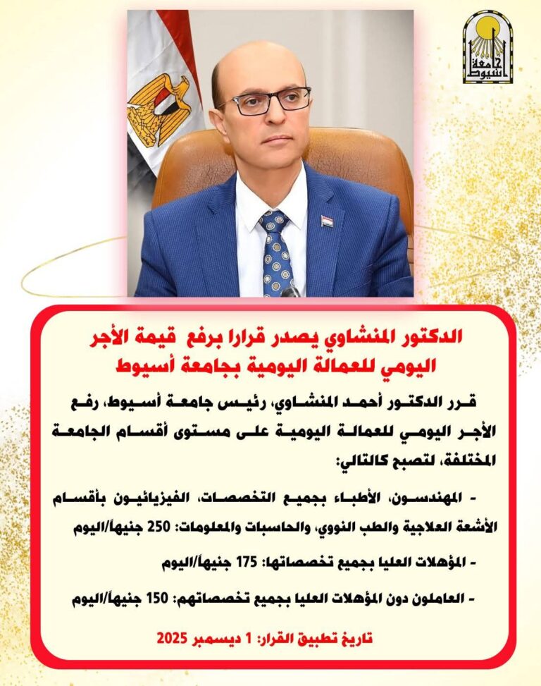 الدكتور المنشاوي يُصدر قراراً برفع قيمة الأجر اليومى للعمالة اليومية على مستوى أقسام جامعة أسيوط المختلفة
